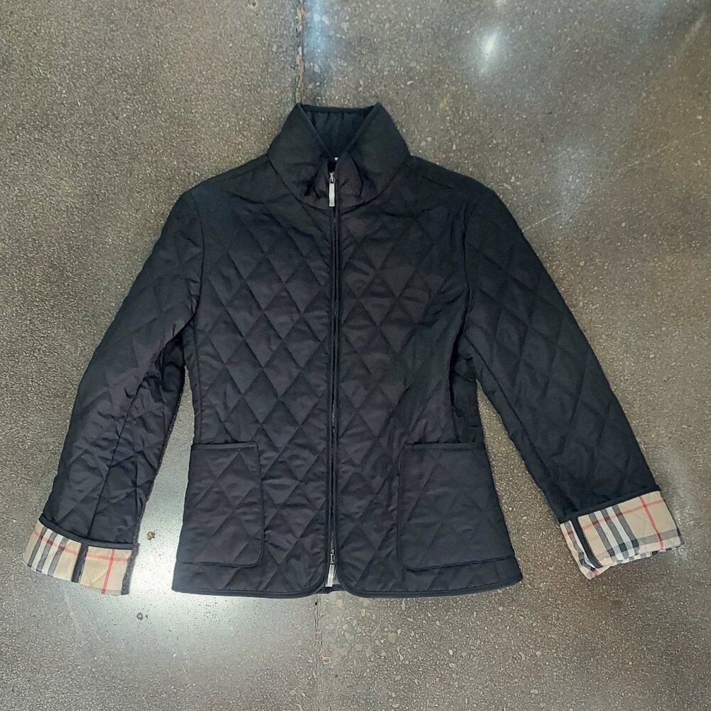 Burberry London Black Quilted Nova Check Plaid Coat Utility Jacket Size XS
